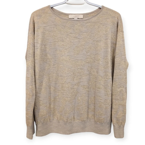 Ann  Taylor Loft Beige & Gold Sparkle Wool Blend Printed Sweater Womans Small - Picture 1 of 8